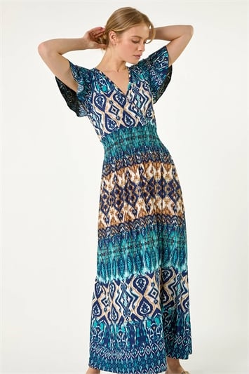Aztec Print Shirred Stretch Maxi Dress