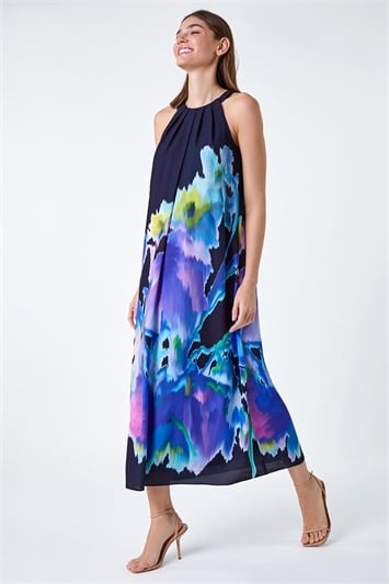 Abstract Floral Pleat Detail Trapeze Dress