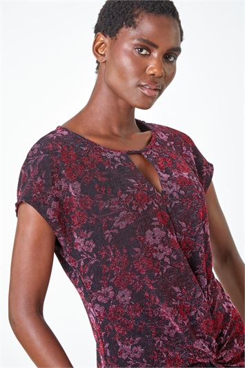 Floral Shimmer Print Knot Stretch Top 19267272
