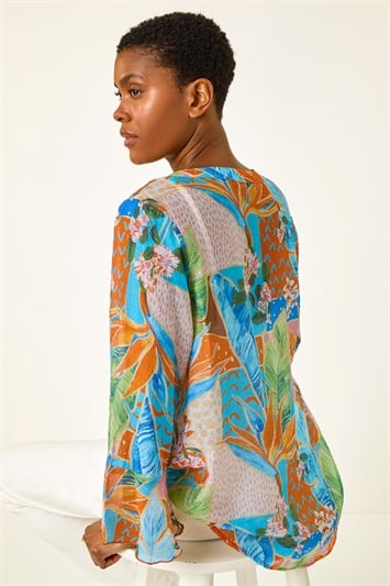 Tropical Print Frill Sleeve Top