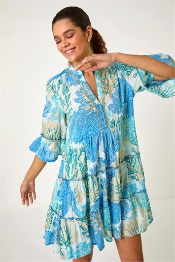 Embroidered Cotton Printed Frill Smock Dress