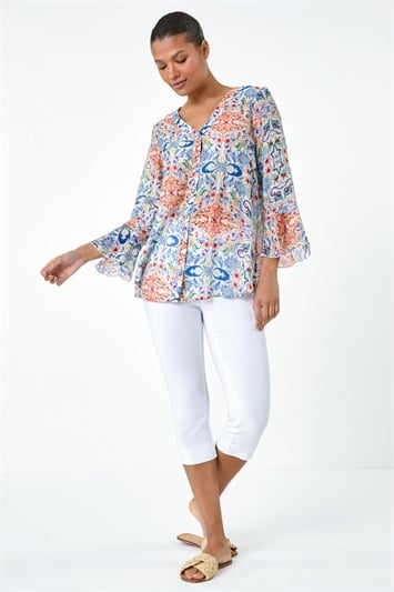 Abstract Floral Frill Sleeve Top 10128509