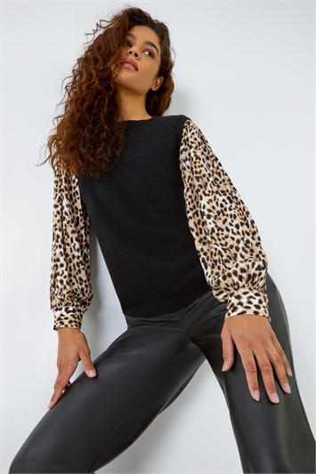 Animal Contrast Sleeve Stretch Top 19260208