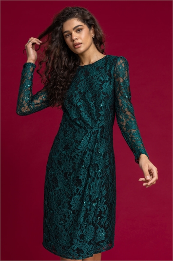 Sequin Ruched Lace Wrap Dress 14173191