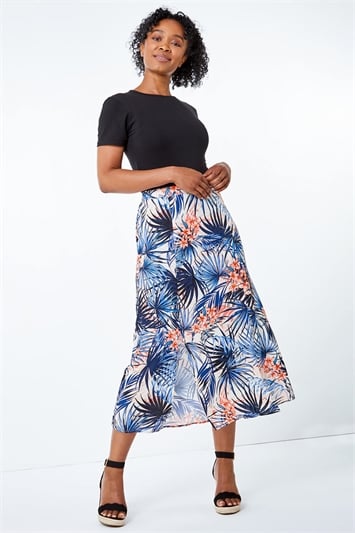 Petite Tropical Palm Print Midi Skirt 17029172