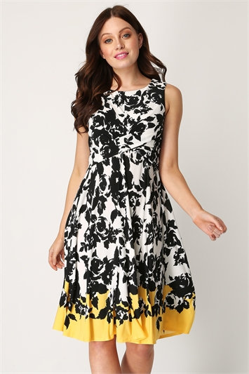 Fit and Flare Contrast Floral Dress 24062yel