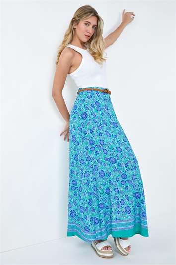 Floral Print Belted A line Maxi Skirt 17050434