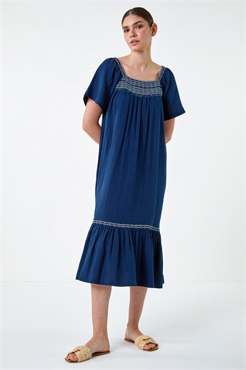 Embroidered Cotton Midi Smock Dress 14546360
