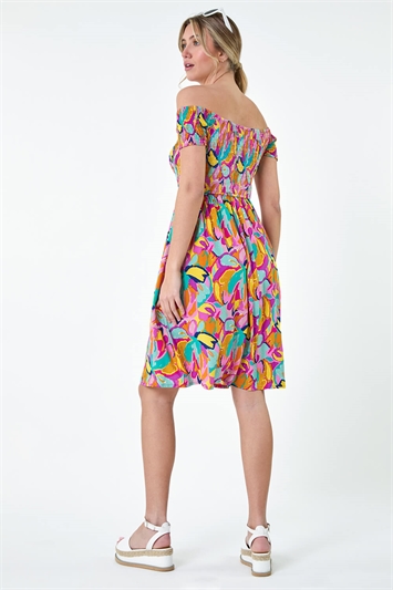 Abstract Shirred Bardot Pocket Dress 14559458