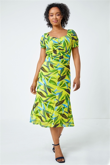 Petite Ruched Tropical Print Midi Dress 14399549