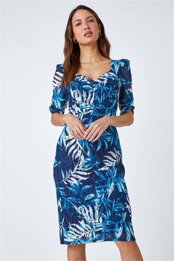 Leaf Print Puff Sleeve Midi Dress 14402760