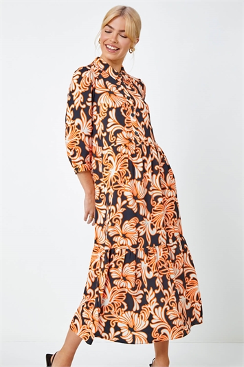 Floral Print Tiered Midi Shirt Dress 14379508