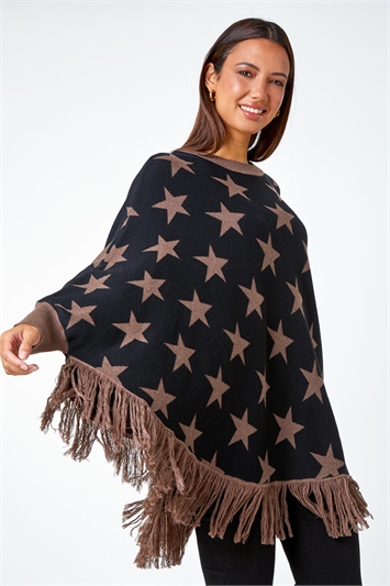 Star Print Wool Blend Fringed Poncho 16077816