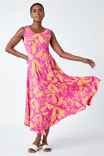 Tropical Print Pleated Maxi Stretch Dress 14417632
