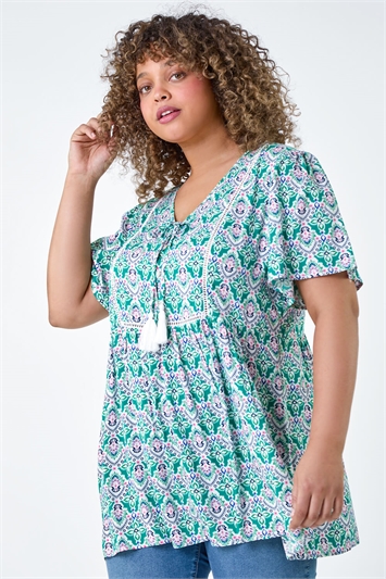 Curve Tie Front Boho Printed Top 20154934
