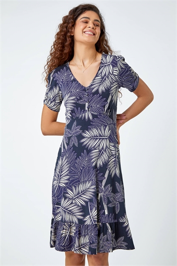 Tropical Leaf Frill Stretch Wrap Dress