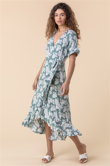 Leaf Print Wrap Midi Dress 14157382