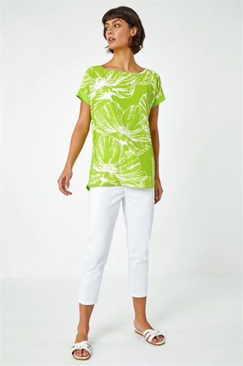 Linear Floral Print Stretch T-Shirt 19228449