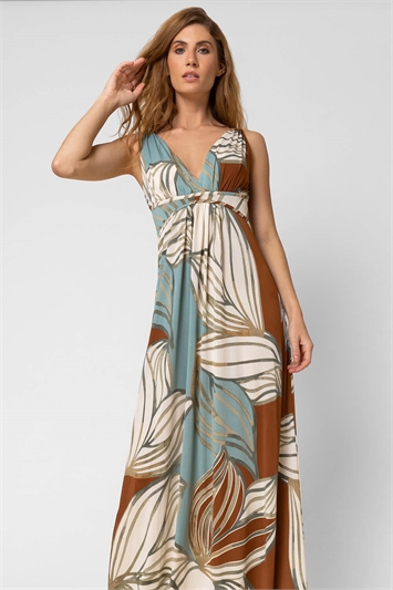 Abstract Leaf Print V Neck Maxi Dress 14250209