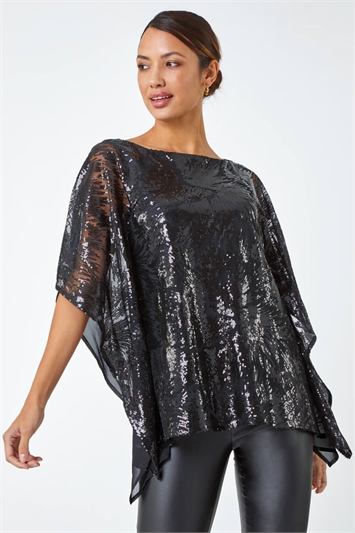 Sequin Overlay Stretch Chiffon Top