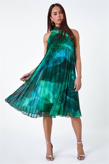 Petite Abstract Halter Neck Pleated Dress