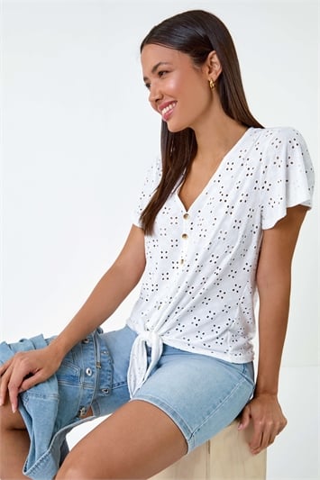 V-Neck Broderie Stretch Jersey Tie Front Top