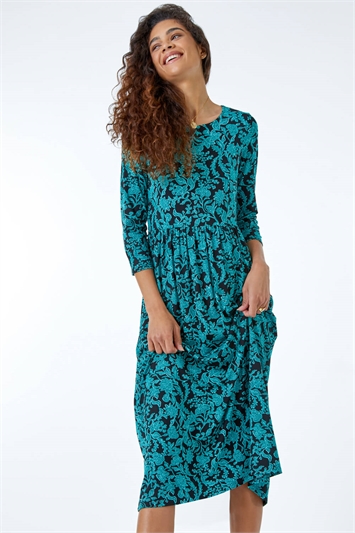 Blue Ditsy Floral Print Shirred Dress