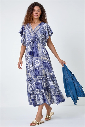 Patchwork Print Tiered Wrap Maxi Dress 14593360