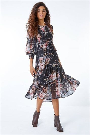 Floral Shirred Chiffon Midi Dress 14295308
