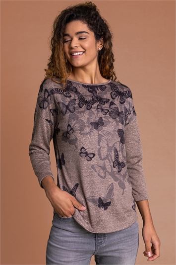 Butterfly Print 3/4 Sleeve Jersey Top 19119690