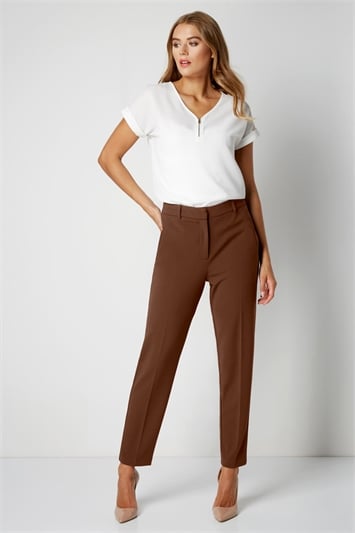 Chocolate brown high waisted flat-front regular fit Women Trousers |  Sumissura