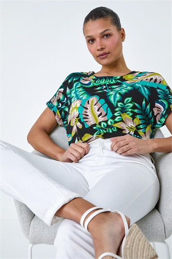 Tropical Leaf Print Stretch T-Shirt