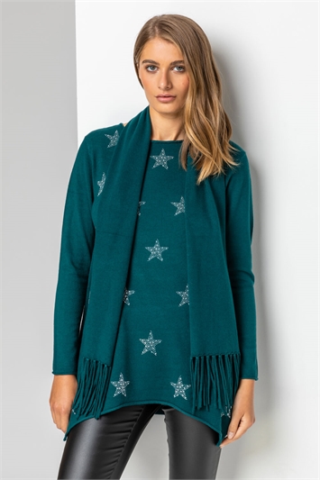 Star Print Knitted Tunic with Tassel Scarf 16003391