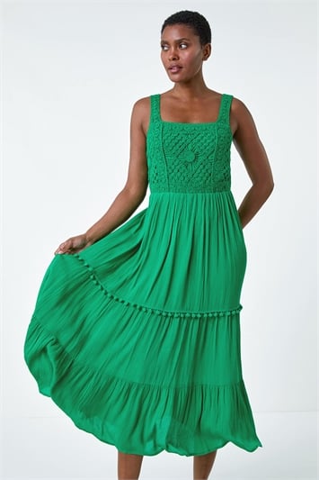 Crochet Detail Cotton Blend Maxi Dress 14529634