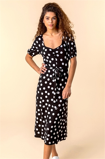 Ruched Neck Spot Print Midi Dress 14147608
