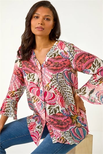 Abstract Floral Print Frill Sleeve Top