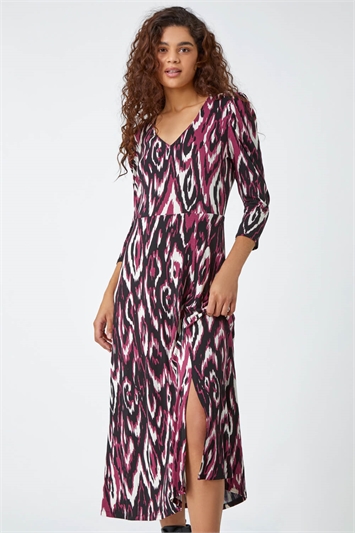 Black Abstract Print Midi Stretch Dress | Roman UK