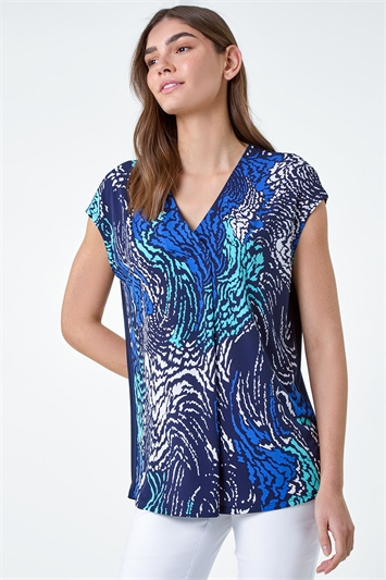 Abstract Wave Print V-Neck Stretch Top