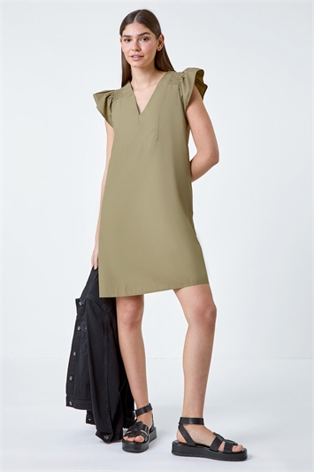 Plain Cotton Frill Sleeve Pocket Dress