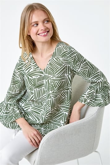Abstract Print V-Neck Frill Detail Top