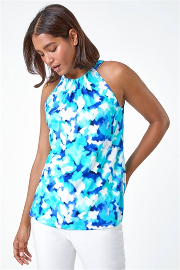 Abstract Print Stretch Halter Neck Top