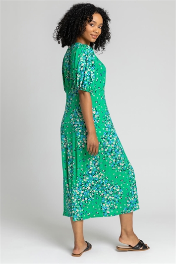 Green Petite Floral Print Empire Midi Dress, Image 2 of 5