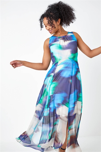 Blue Petite Abstract Print Maxi Dress