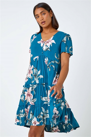 Blue Floral Print Tiered Mini Dress