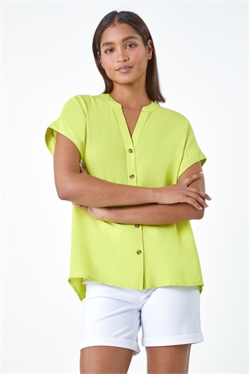 Green Plain Button Through Relaxed V-Neck Shirt