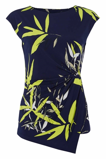 Navy Tropical Print Ruched Stretch Top, Image 5 of 5