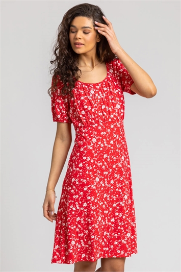 Red Stretch Floral Print Fit & Flare Dress