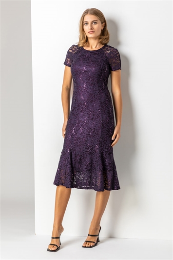 Purple Metallic Lace Sequin Midi Dress
