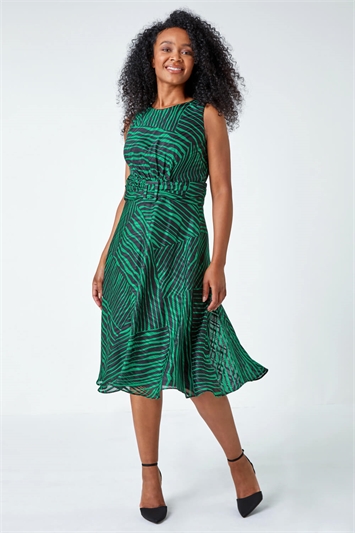 Green Petite Geometric Print Buckle Dress
