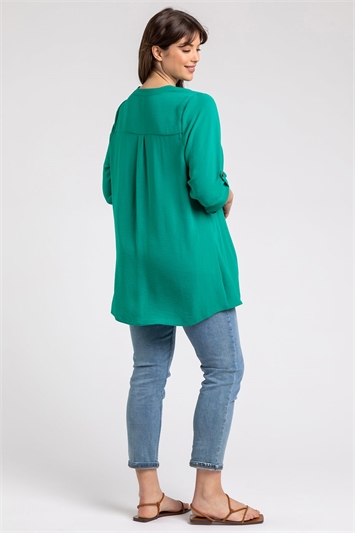 Green Curve Button Detail Tunic Top, Image 2 of 4